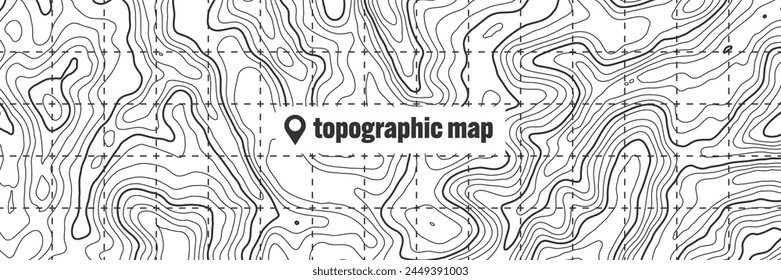 Topographic map with contour lines. Geographic terrain grid, relief height elevation. Ground path pattern. Travel and navigation, cartography design element. Vector illustration
