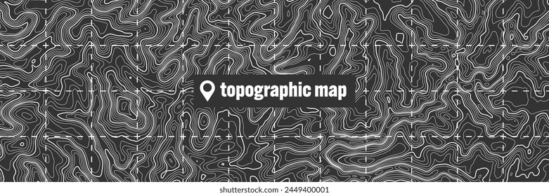 Topographic map with contour lines. Geographic terrain grid, relief height elevation. Ground path pattern. Travel and navigation, cartography design element. Vector illustration