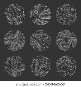Topographic map with contour lines. Geographic terrain grid, relief height elevation. Ground path pattern. Travel and navigation, cartography design element. Vector illustration