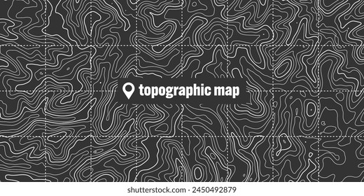 Topographic map with contour lines. Geographic terrain grid, relief height elevation. Ground path pattern. Travel and navigation, cartography design element. Vector illustration