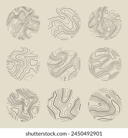 Topographische Karte mit Konturlinien. Geografisches Geländegitter, Reliefhöhe. Muster der Bodenbahn. Reise- und Navigations-, Kartografie-Design-Element. Vektorillustration