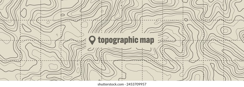 Topographic map with contour lines. Geographic terrain grid, relief height elevation. Ground path pattern. Travel and navigation, cartography design element. Vector illustration