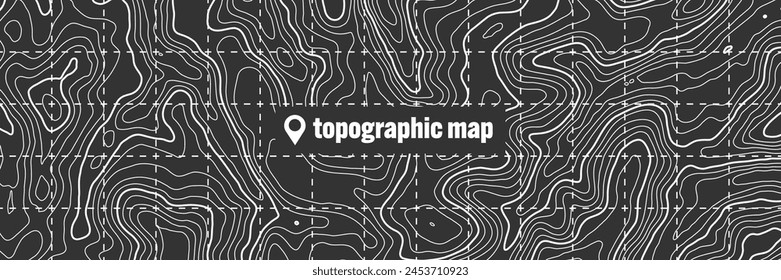 Mapa topográfico con líneas de contorno. Cuadrícula geográfica del terreno, elevación de la altura del relieve. Patrón de trazado de tierra. Viajes y navegación, elemento de diseño cartográfico. Ilustración vectorial