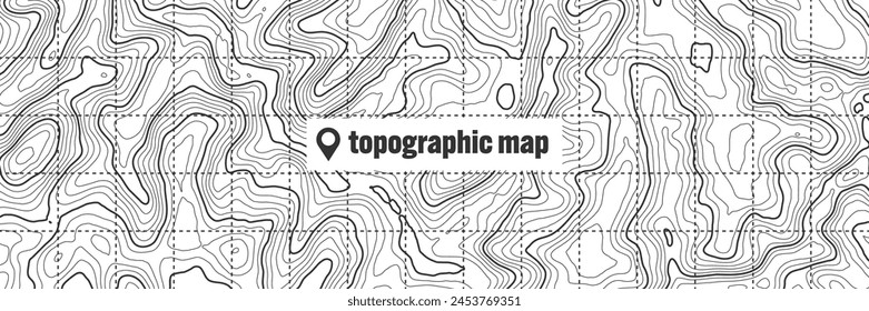Topographic map with contour lines. Geographic terrain grid, relief height elevation. Ground path pattern. Travel and navigation, cartography design element. Vector illustration