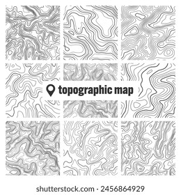 Topographic map with contour lines. Geographic terrain grid, relief height elevation. Ground path pattern. Travel and navigation, cartography design element. Vector illustration