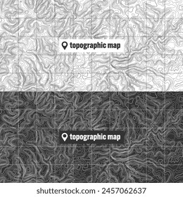 Mapa topográfico con líneas de contorno. Cuadrícula geográfica del terreno, elevación de la altura del relieve. Patrón de trazado de tierra. Viajes y navegación, elemento de diseño cartográfico. Ilustración vectorial