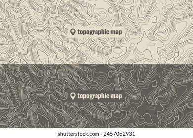 Topographic map with contour lines. Geographic terrain grid, relief height elevation. Ground path pattern. Travel and navigation, cartography design element. Vector illustration