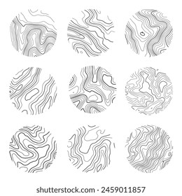 Topographic map with contour lines. Geographic terrain grid, relief height elevation. Ground path pattern. Travel and navigation, cartography design element. Vector illustration