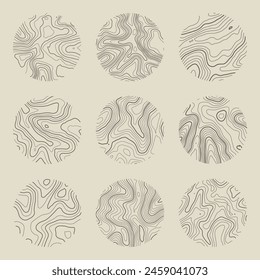 Topographic map with contour lines. Geographic terrain grid, relief height elevation. Ground path pattern. Travel and navigation, cartography design element. Vector illustration