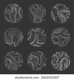 Topographic map with contour lines. Geographic terrain grid, relief height elevation. Ground path pattern. Travel and navigation, cartography design element. Vector illustration