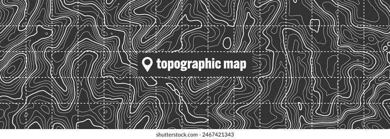 Mapa topográfico con líneas de contorno. Cuadrícula geográfica del terreno, elevación de la altura del relieve. Patrón de trazado de tierra. Viajes y navegación, elemento de diseño cartográfico. Ilustración vectorial