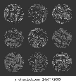 Topographic map with contour lines. Geographic terrain grid, relief height elevation. Ground path pattern. Travel and navigation, cartography design element. Vector illustration