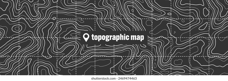 Topographic map with contour lines. Geographic terrain grid, relief height elevation. Ground path pattern. Travel and navigation, cartography design element. Vector illustration