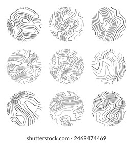 Topographic map with contour lines. Geographic terrain grid, relief height elevation. Ground path pattern. Travel and navigation, cartography design element. Vector illustration