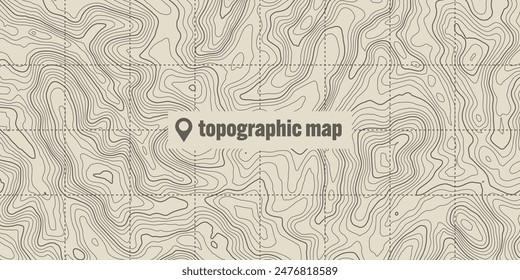 Topographic map with contour lines. Geographic terrain grid, relief height elevation. Ground path pattern. Travel and navigation, cartography design element. Vector illustration