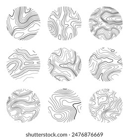 Topographic map with contour lines. Geographic terrain grid, relief height elevation. Ground path pattern. Travel and navigation, cartography design element. Vector illustration