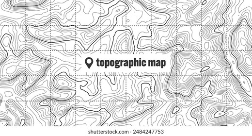 Topographic map with contour lines. Geographic terrain grid, relief height elevation. Ground path pattern. Travel and navigation, cartography design element. Vector illustration