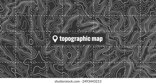Topographic map with contour lines. Geographic terrain grid, relief height elevation. Ground path pattern. Travel and navigation, cartography design element. Vector illustration