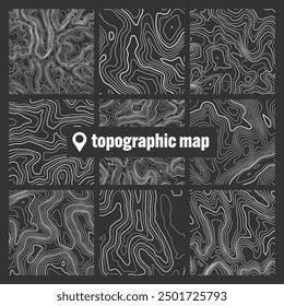Topographic map with contour lines. Geographic terrain grid, relief height elevation. Ground path pattern. Travel and navigation, cartography design element. Vector illustration