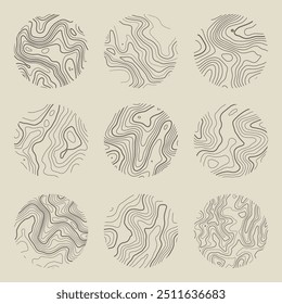 Topographic map with contour lines. Geographic terrain grid, relief height elevation. Ground path pattern. Travel and navigation, cartography design element. Vector illustration