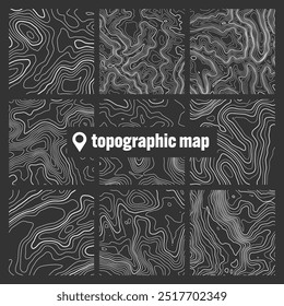 Topographic map with contour lines. Geographic terrain grid, relief height elevation. Ground path pattern. Travel and navigation, cartography design element. Vector illustration
