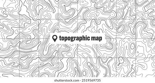 Topographic map with contour lines. Geographic terrain grid, relief height elevation. Ground path pattern. Travel and navigation, cartography design element. Vector illustration