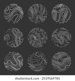 Topographic map with contour lines. Geographic terrain grid, relief height elevation. Ground path pattern. Travel and navigation, cartography design element. Vector illustration