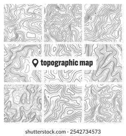 Topographic map with contour lines. Geographic terrain grid, relief height elevation. Ground path pattern. Travel and navigation, cartography design element. Vector illustration
