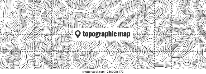 Topographic map with contour lines. Geographic terrain grid, relief height elevation. Ground path pattern. Travel and navigation, cartography design element. Vector illustration