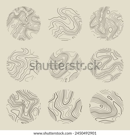 Topographic map with contour lines. Geographic terrain grid, relief height elevation. Ground path pattern. Travel and navigation, cartography design element. Vector illustration