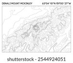 Topographic map of Denali Mount McKinley with elevation contours and geographic coordinates. Topographic map vector.