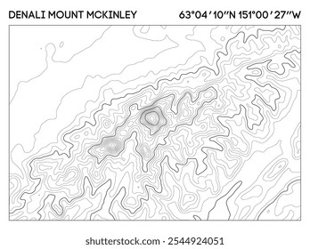 Mapa topográfico do Denali Mount McKinley com contornos de elevação e coordenadas geográficas. Vetor de mapa topográfico.