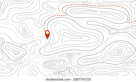 Topographic map and direction marker abstract background. Outline cartography landscape. Topographic relief map. Modern cover design with wavy lines. Vector card with weather map outline pattern