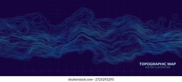Mapa topográfico. Plano de fundo do mapa do contorno geográfico com linhas de elevação. Conceito detalhado de visualização do terreno. Ilustração vetorial das elevações da paisagem e do relevo natural.