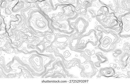 Mapa topográfico. Plano de fundo do mapa do contorno geográfico com linhas de elevação. Conceito detalhado de visualização do terreno. Ilustração vetorial das elevações da paisagem e do relevo natural.