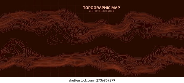 Topographic map. Geographic contour map background with elevation lines. Detailed terrain visualization concept. Vector illustration of landscape elevations and natural relief.