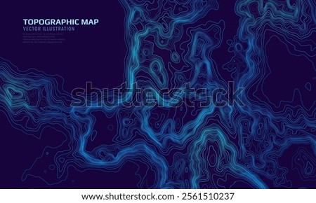 Topographic map. Geographic contour map background with elevation lines. Detailed terrain visualization concept. Vector illustration of landscape elevations and natural relief.