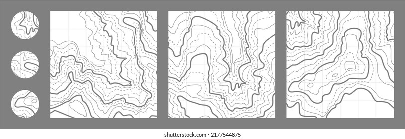 Topographische Karte. Geografische Ortslinien, Karikaturenlinie, Naturwege, geprägtes Texturbild. Kartengittervorlage für Design
