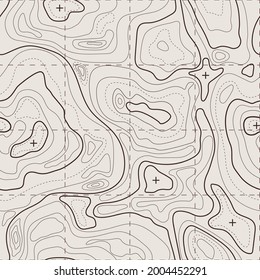 Topographic map. Geographic terrain, vintage old geological contour lines with grid. Seamless pattern topography map vector background. Area with different routes and curves top view