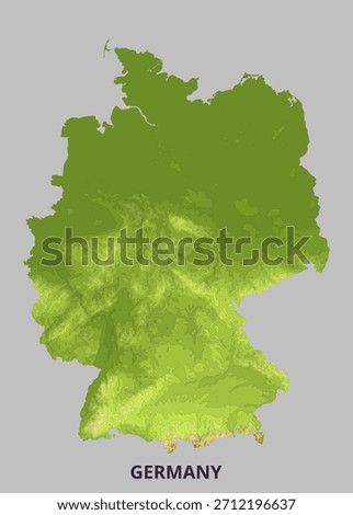 A topographic map of Germany is displayed, showcasing the country's geographical features. The map uses varying shades of green and brown to represent different elevations