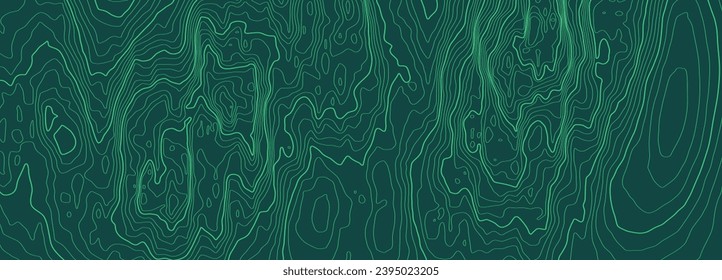 Topographic map in green on dark green. Geographic topography of mountains in vector illustration. Texture of the topographic image. Ground map of the area. Lines of graphic contour of height. Wide.