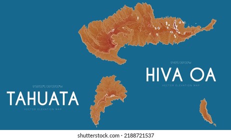 Topographic map of Hiva Oa and Tahuata, Marquesas Islands, French Polynesia, Pacific Ocean. Vector detailed elevation map of island. Geographic elegant landscape outline poster.