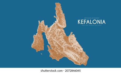 Topographic map of Kefalonia, Greece. Vector detailed elevation map of island. Geographic elegant landscape outline poster.