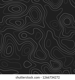 Topographic map lines. Actual topography map. Dark seamless design, decent tileable isolines pattern. Vector illustration.