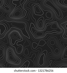 Topographic map lines. Dark seamless design. Fine tileable isolines pattern. Vector illustration.