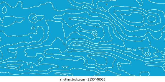 Topographic Map Lines, Earth Relief, Contour Background. Geographic Grid, Elevation Map. Seamless Wooden Pattern. Water Blue Background. Vector Illustration