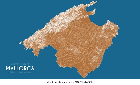 Topographic map of Mallorca, Balearic Islands, Spain. Vector detailed elevation map of island. Geographic elegant landscape outline poster.