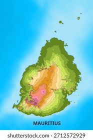 A topographic map of Mauritius is displayed against a bright blue background. The island is rendered with contour lines indicating elevation, transitioning from green at lower altitudes to orange