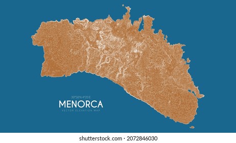 Topographic map of Menorca, Balearic Islands, Spain. Vector detailed elevation map of island. Geographic elegant landscape outline poster.