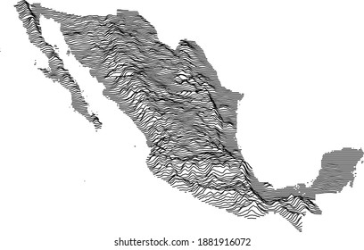Mapa topográfico de México con líneas de contorno negro